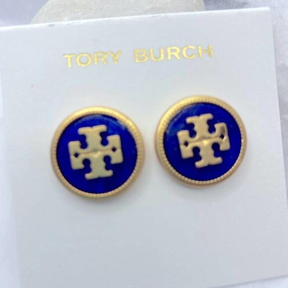 NWOT Tory Burch Gold Logo Dark Blue Medallion Stud Earrings - Picture 3 of 7